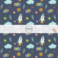 Navy Blue fabric by the yard with stars, space ships, rainbows, and other sky an outer space designs.