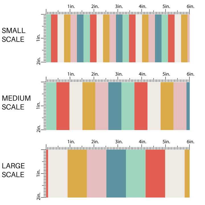 Red, white, yellow, pink, and blue vertical striped fabric by the yard scaled image guide.