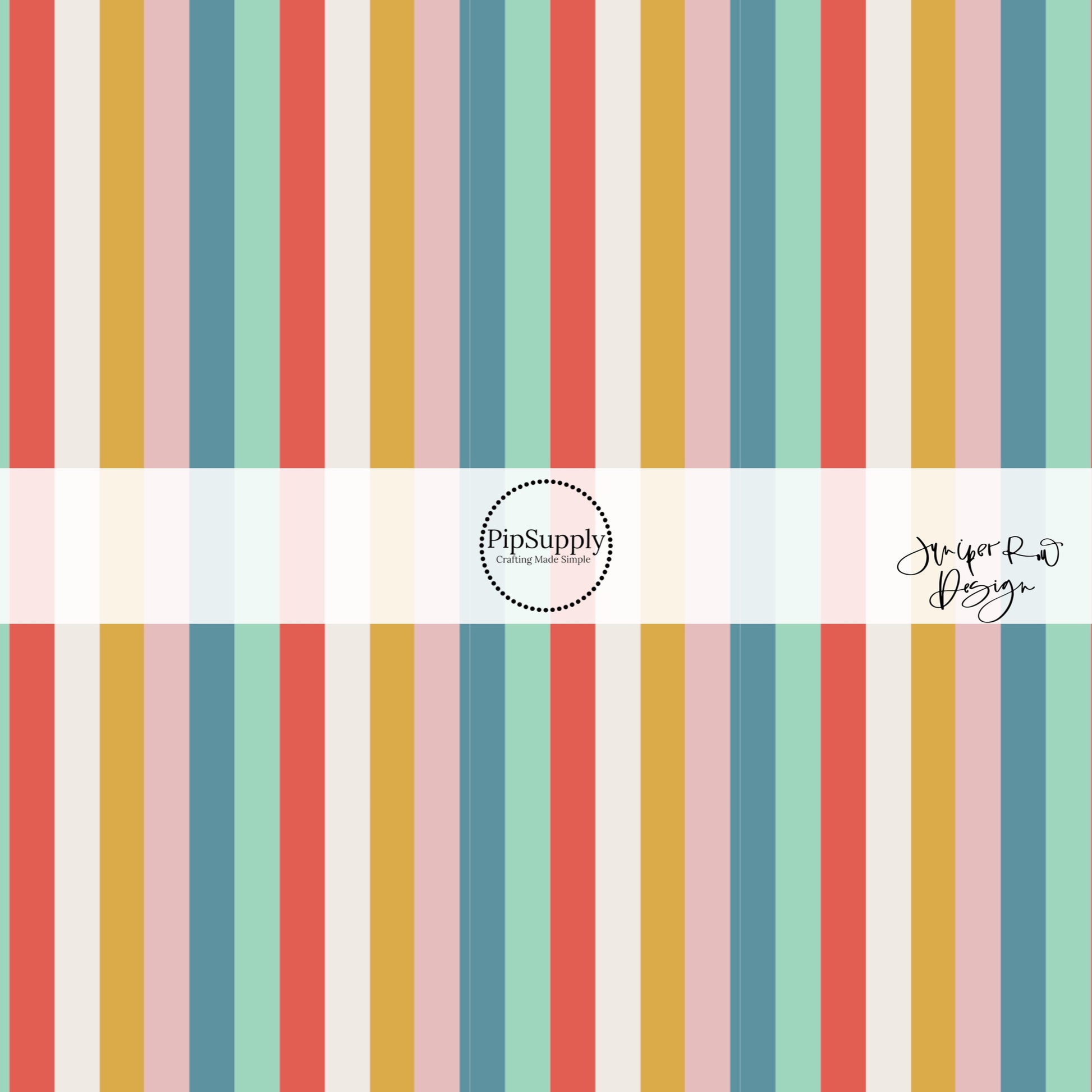 Red, white, yellow, pink, and blue vertical striped fabric by the yard.