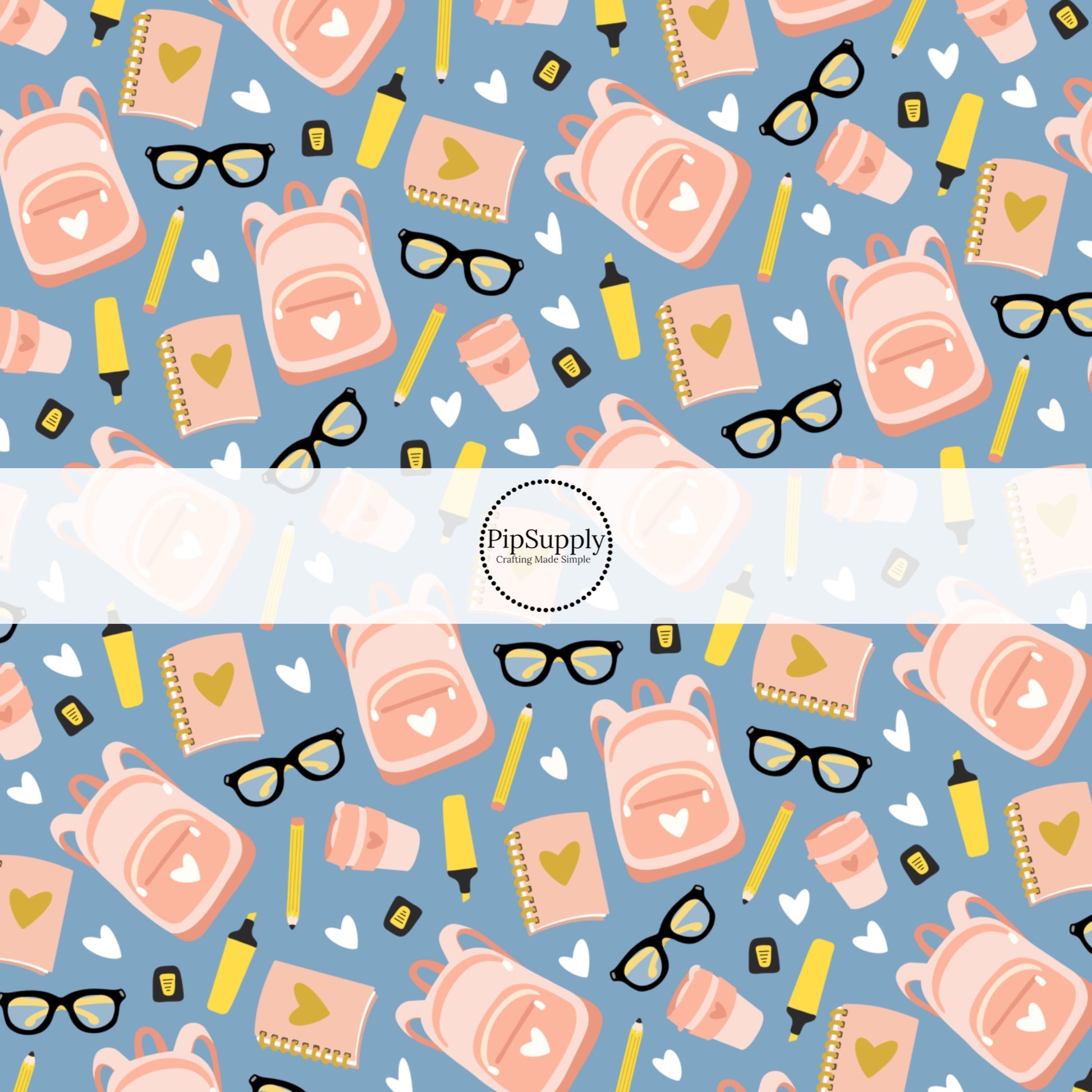 Denim Blue fabric by the yard with peach backpacks, yellow pencils, hearts, cups, and glasses.