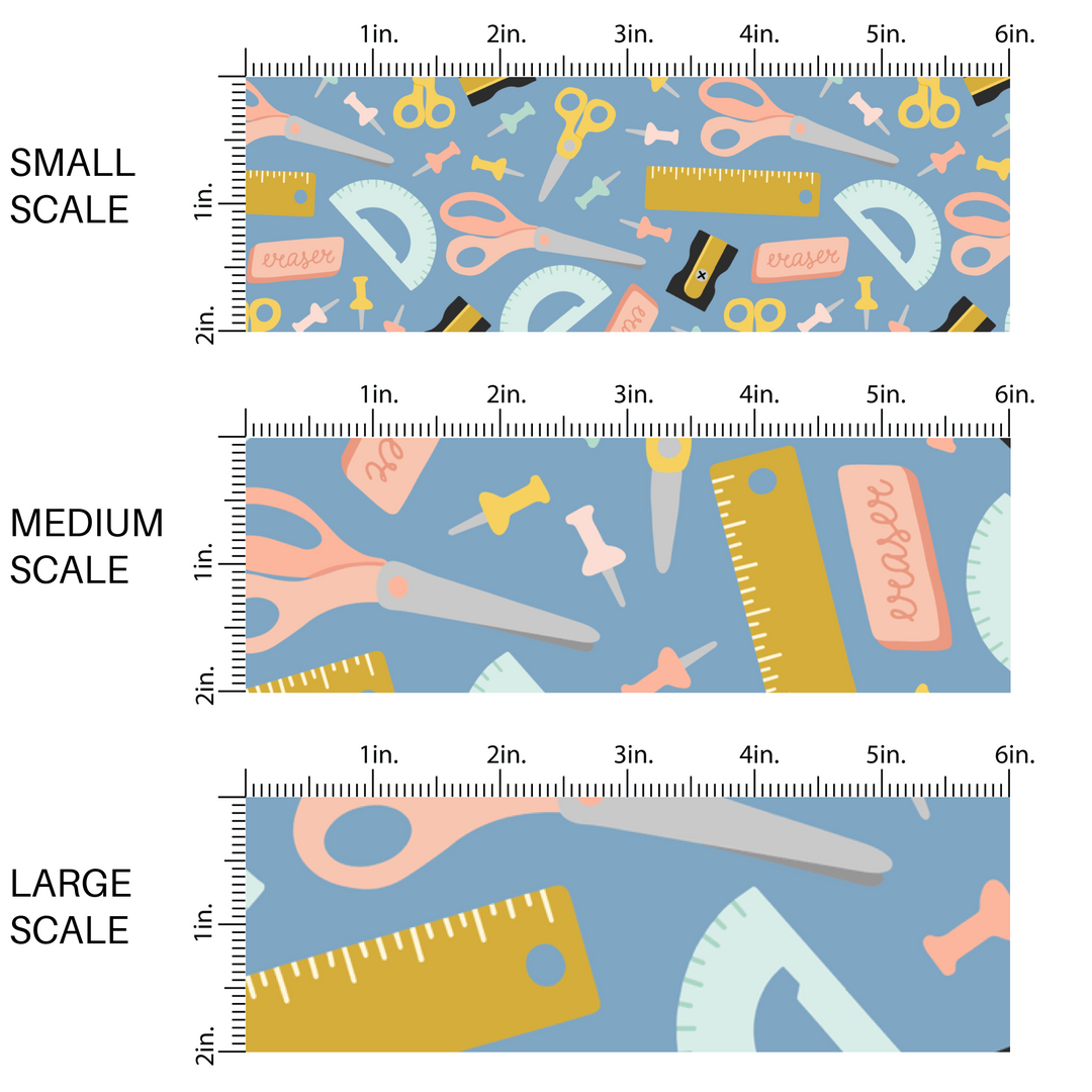 Scissors, rulers, thumbtacks, and erasers on denim blue fabric by the yard scaled image guide.