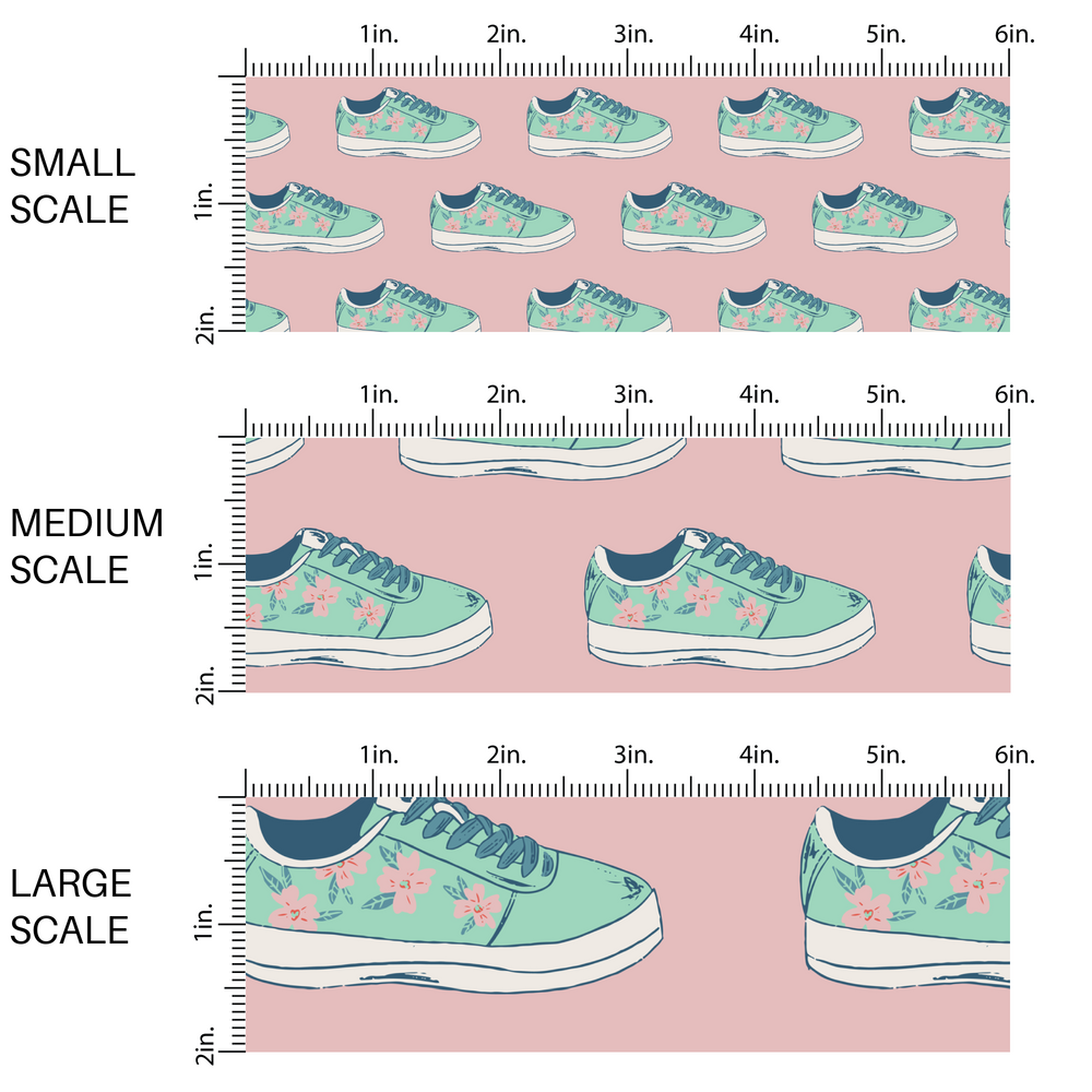 Teal sneakers with light pink flowers on rosy pink fabric by the yard scaled image guide.