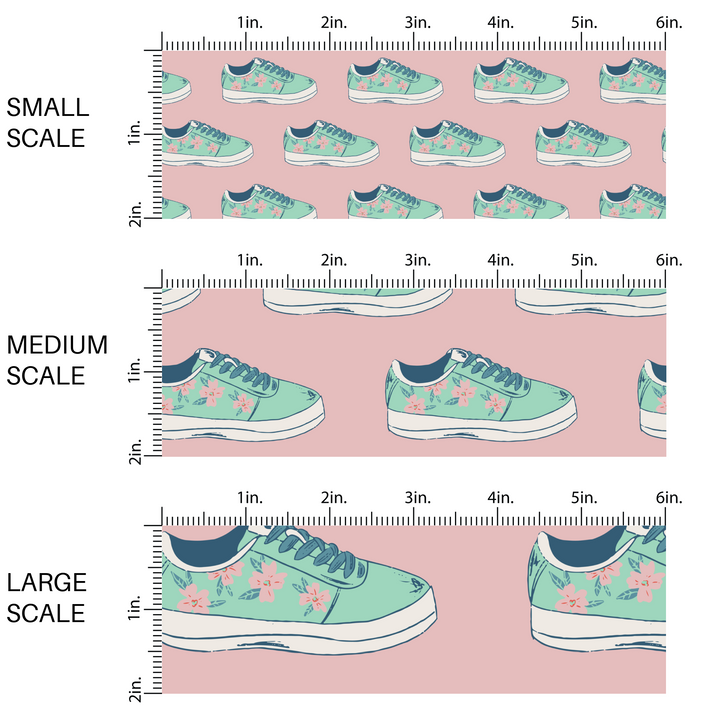 Teal sneakers with light pink flowers on rosy pink fabric by the yard scaled image guide.