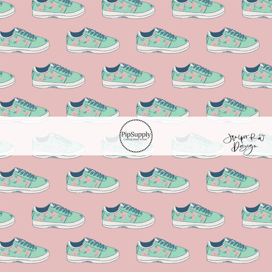 Teal sneakers with light pink flowers on rosy pink fabric by the yard.