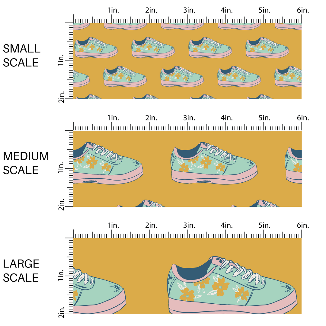 Teal sneakers with yellow flowers on mustard yellow fabric by the yard scaled image guide.