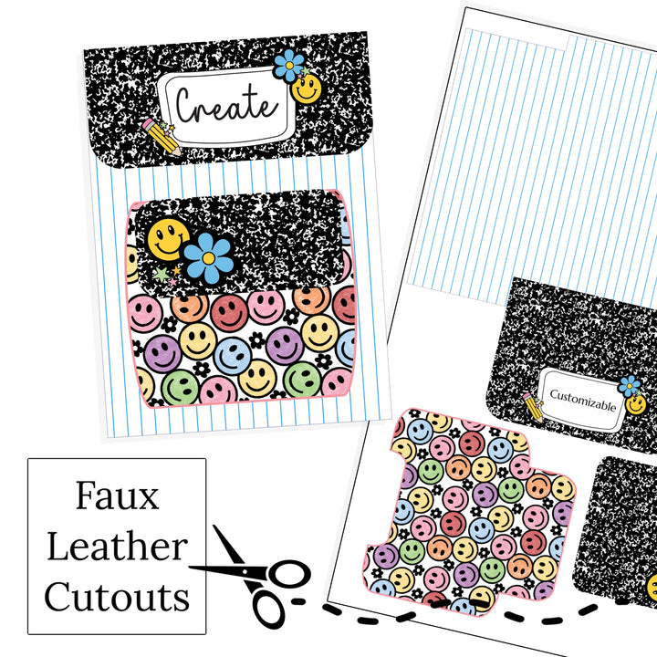 Composition Book and smiley face faux leather customizable pouch.