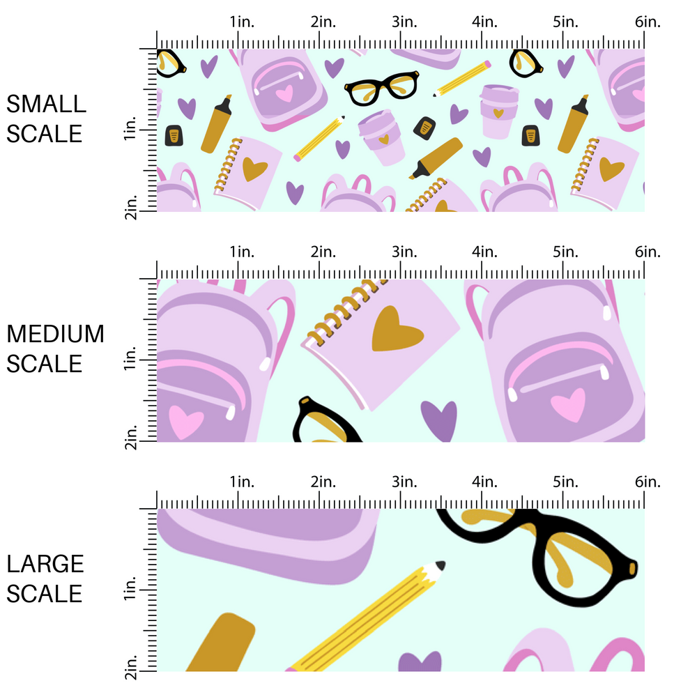 Aqua fabric by the yard scaled image guide with purple backpacks, yellow pencils, hearts, cups, and glasses.