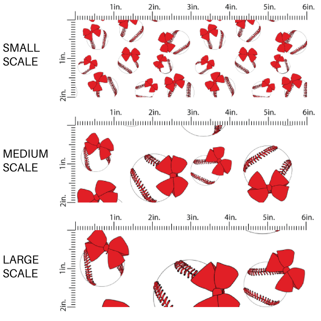 White fabric by the yard Scaled image guide with baseballs and red bows.