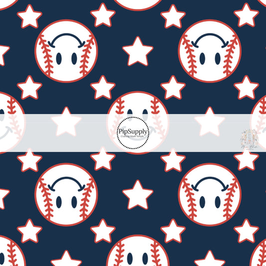 White smiley face baseballs and white stars on navy blue fabric by the yard.