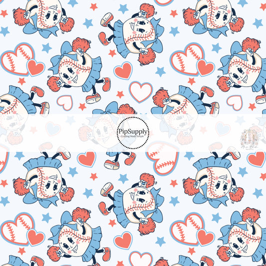 Light blue fabric by the yard with cheerleader baseballs, and red and blue stars and hearts.