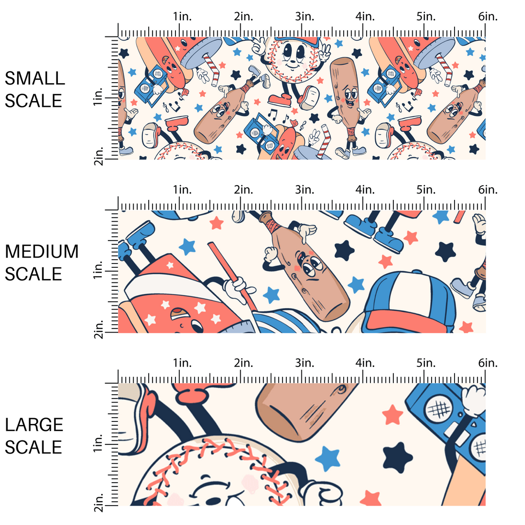 White fabric by the yard scaled image guide with animated baseballs, bats, and park snacks.