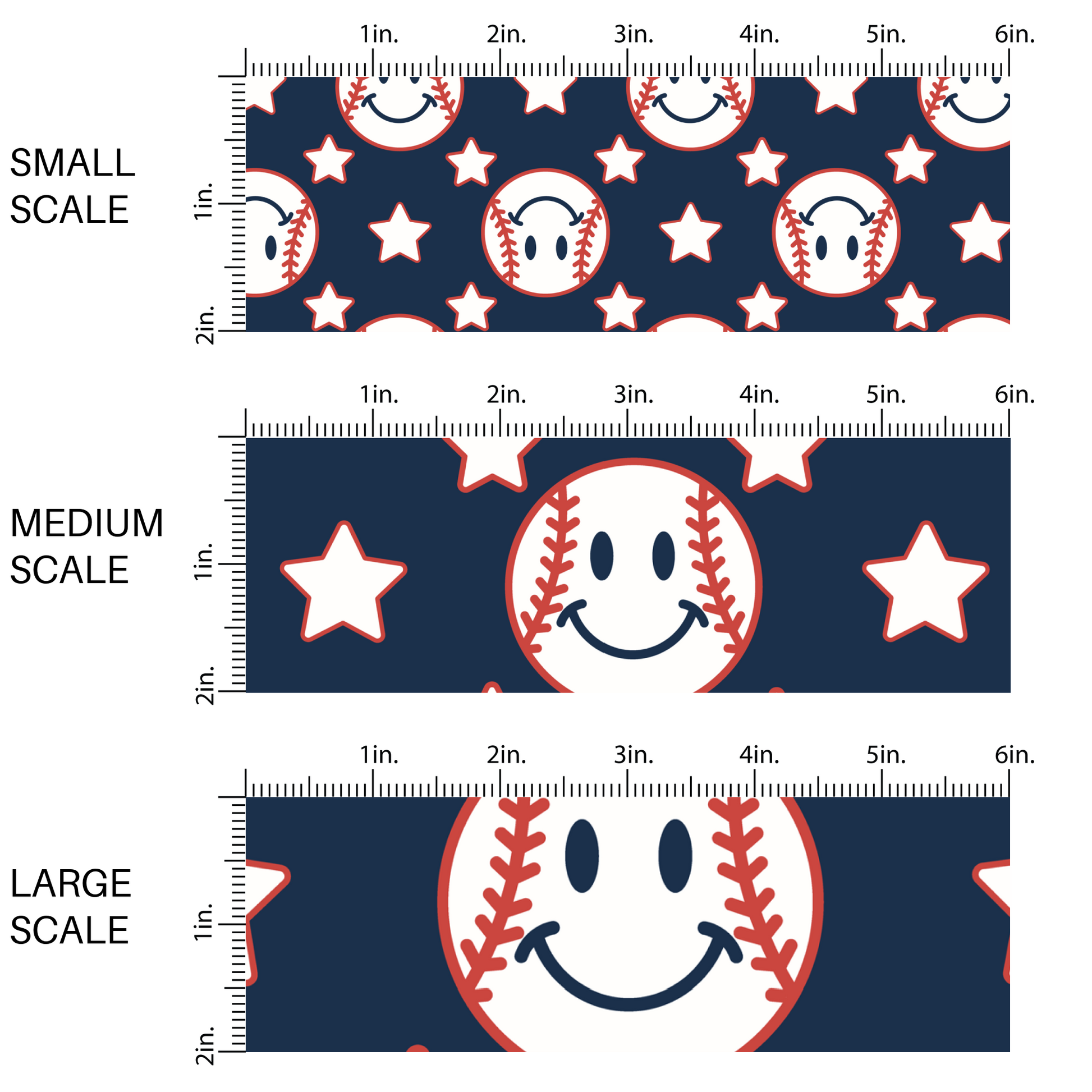 White smiley face baseballs and white stars on navy blue fabric by the yard scaled image guide.
