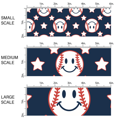 White smiley face baseballs and white stars on navy blue fabric by the yard scaled image guide.