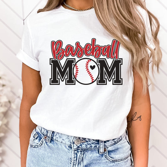 Red and black baseball mom themed iron on heat transfer.