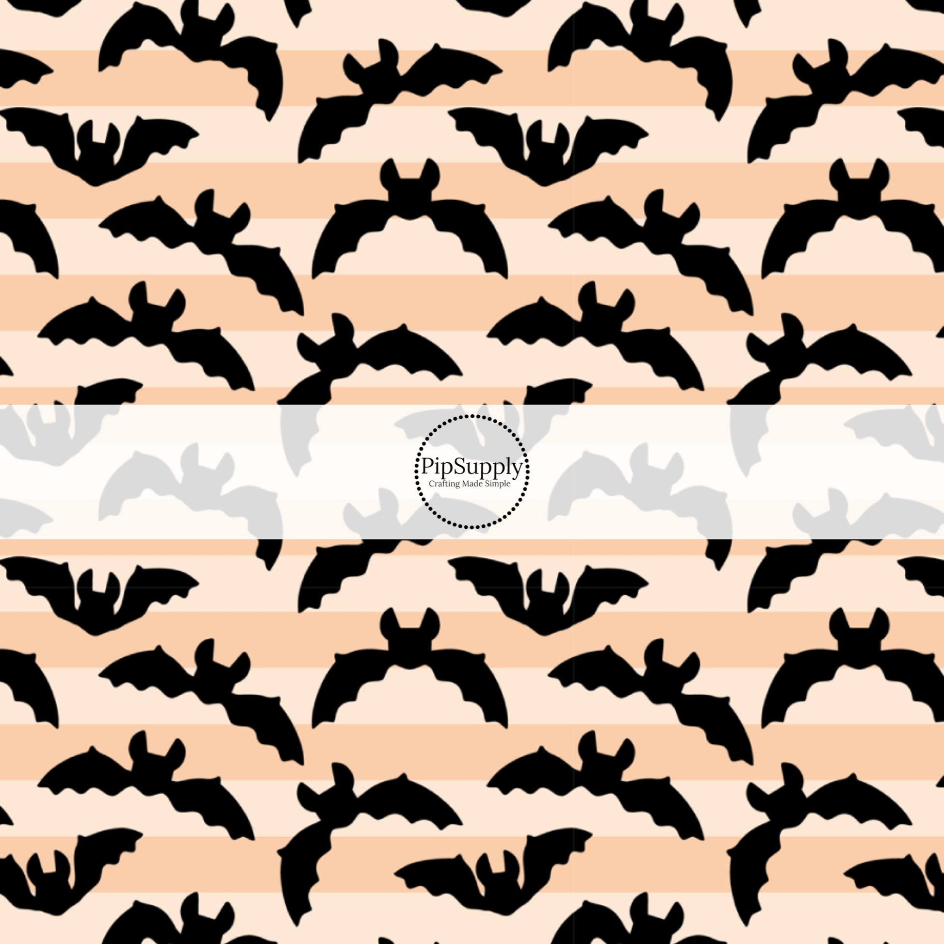 Light orange striped fabric by the yard with black flying bats.