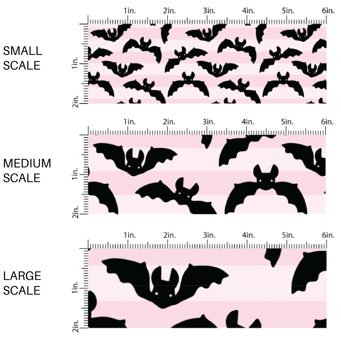 Pink striped fabric by the yard scaled image guide with flying black bats.
