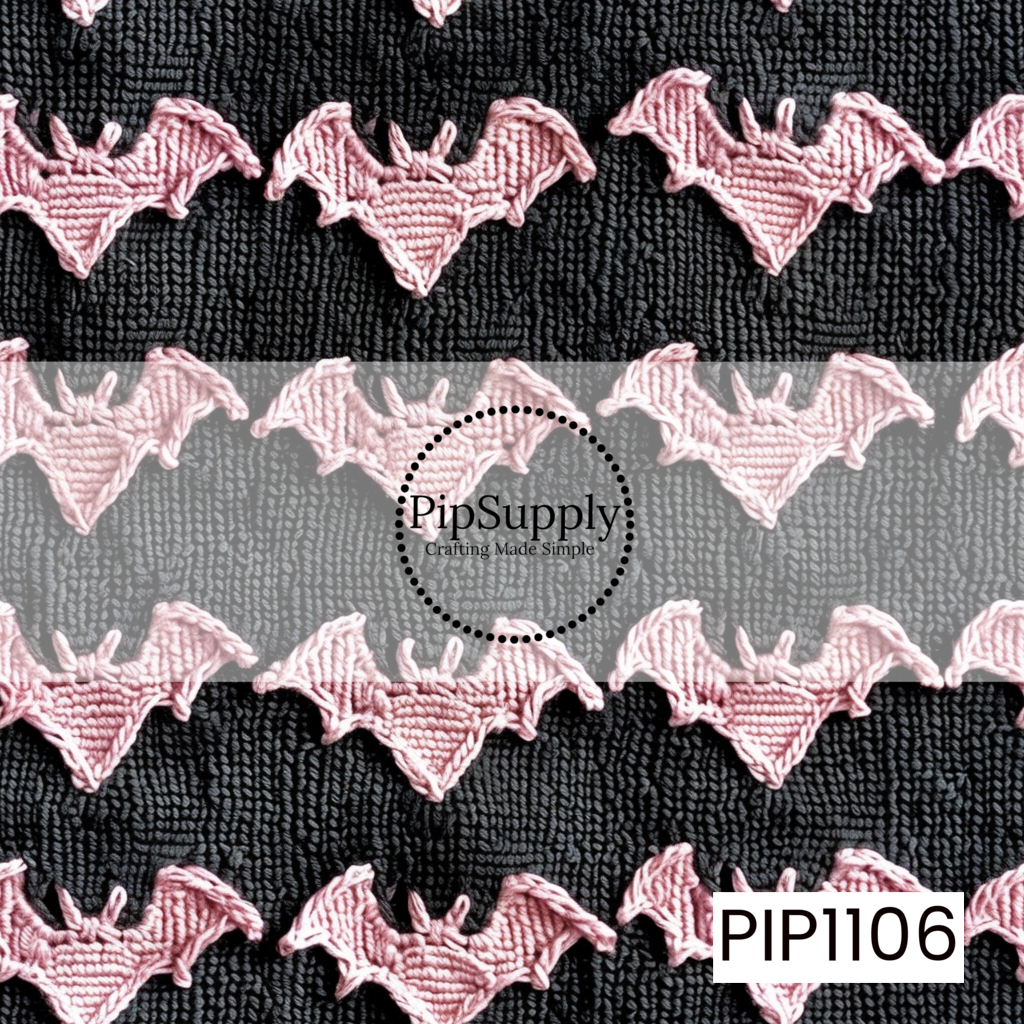 A seamless pattern featuring rows of soft blush pink knitted bats on a textured black knit background. The cozy stitched effect and repeating bat silhouettes create a unique blend of spooky and sweet with a warm, handcrafted feel.
