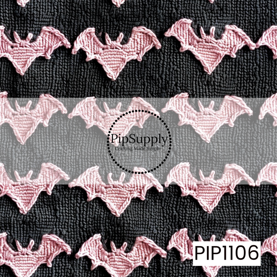 A seamless pattern featuring rows of soft blush pink knitted bats on a textured black knit background. The cozy stitched effect and repeating bat silhouettes create a unique blend of spooky and sweet with a warm, handcrafted feel.
