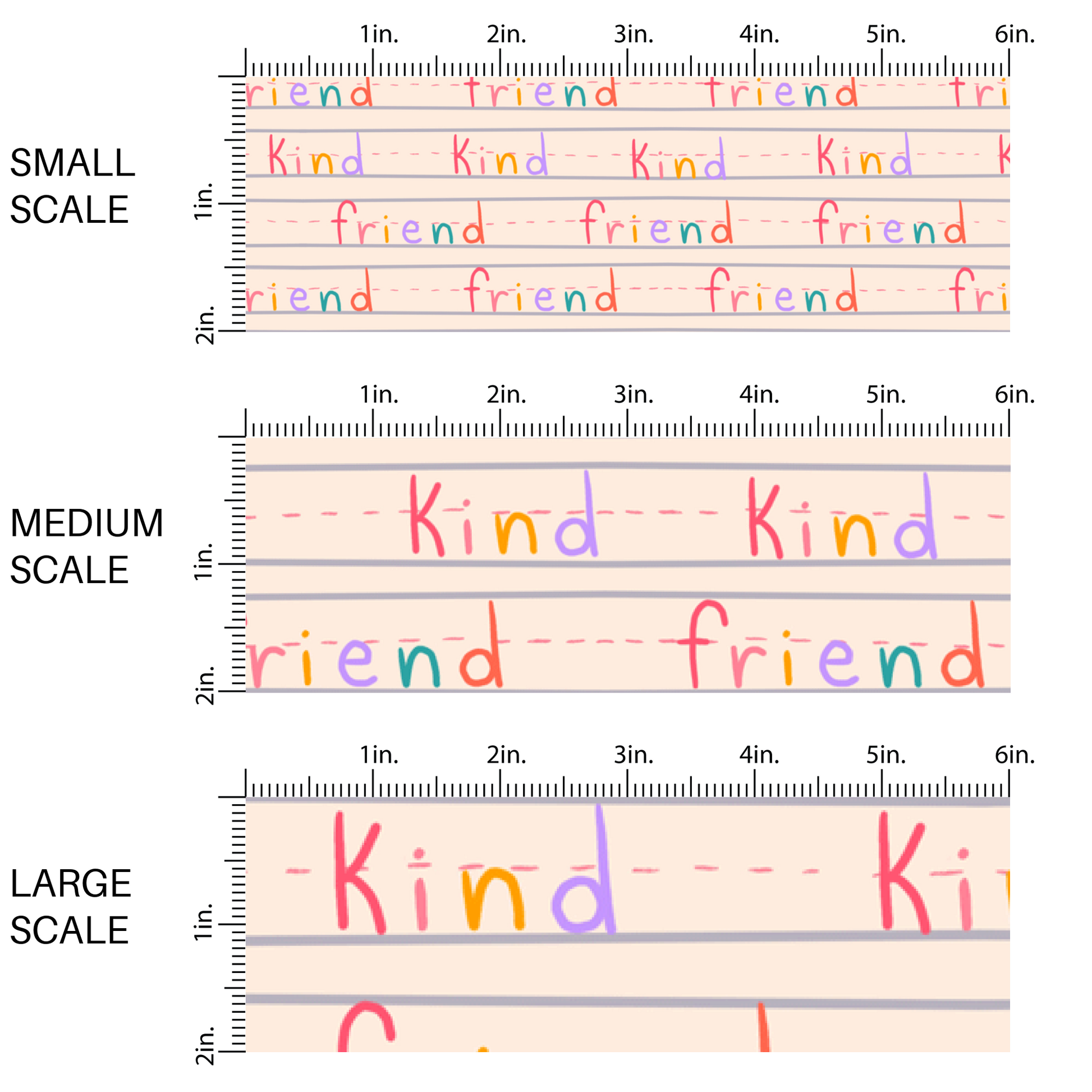 Multi-Colored "Kind Friend" on light pink lined notebook paper fabric by the yard scaled image guide. printed fabric.