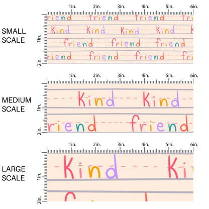 Multi-Colored "Kind Friend" on light pink lined notebook paper fabric by the yard scaled image guide. printed fabric.