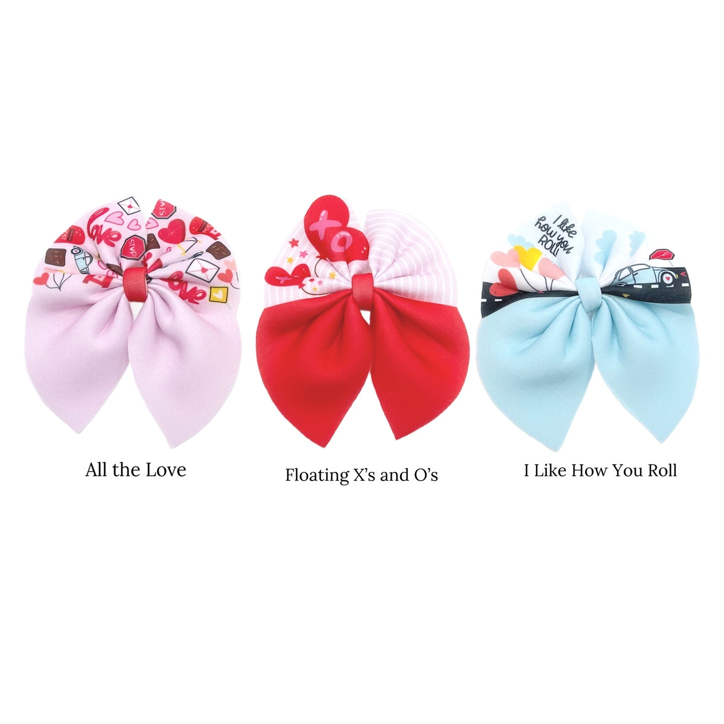 Pink and Blue Valentine's Day Themed Neoprene Sailor Hair Bows and Pattern Names.