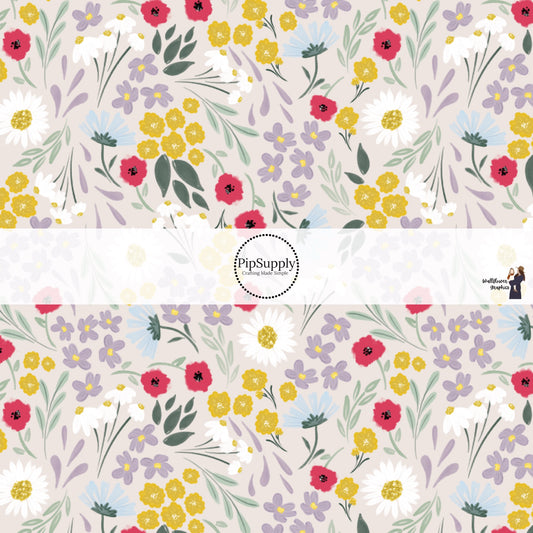 Yellow, White, and Blue Springtime Florals on Off-White Fabric by the Yard.