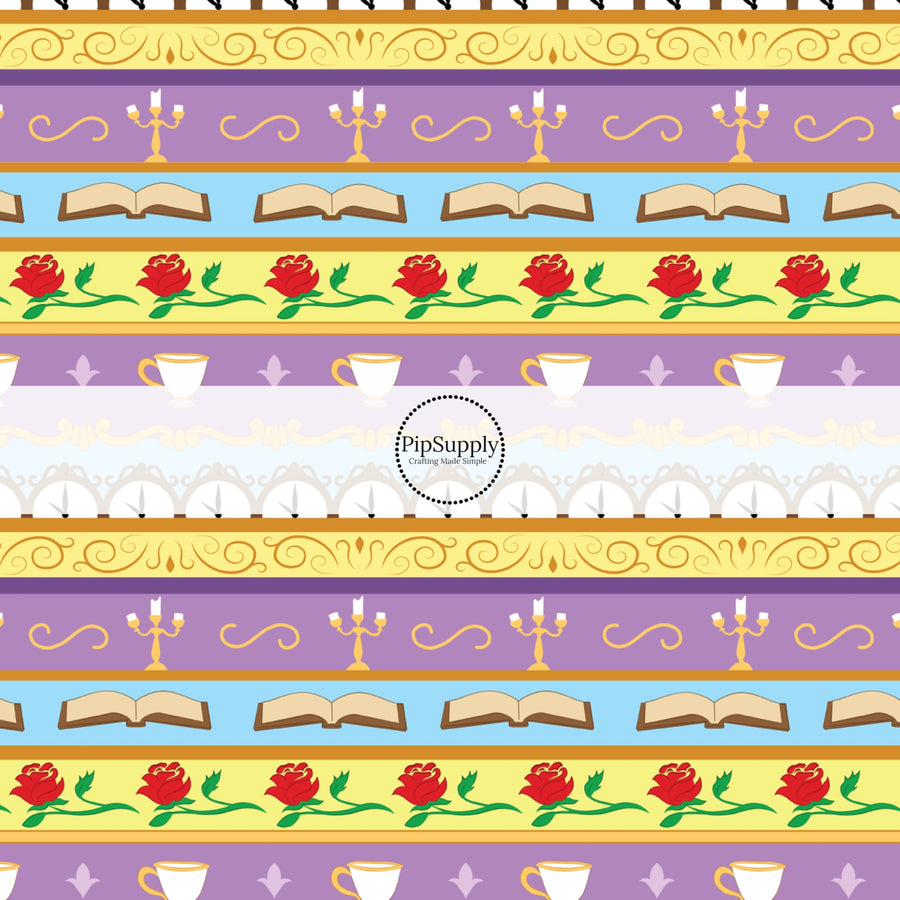 Purple, yellow, and blue striped fabric by the yard with candles, tea cups, and roses.
