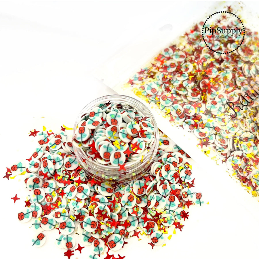 Red Rose and Dazzles Clay Slice Mix

This princess inspired clay slice mix is versatile for many craft projects. This beauty mix has red roses and star dazzles. You can use it to add sparkle and decoration to resin projects, filling for shaker bows, slime making, party decor, scrapbooking, card making and nail art.

 One bag is 1 OZ 
* Bags are resealable for repetitive use