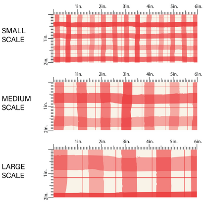 This scale chart of small scale, medium scale, and large scale of these holiday pattern themed fabric by the yard features red and cream plaid pattern. This fun Christmas fabric can be used for all your sewing and crafting needs!