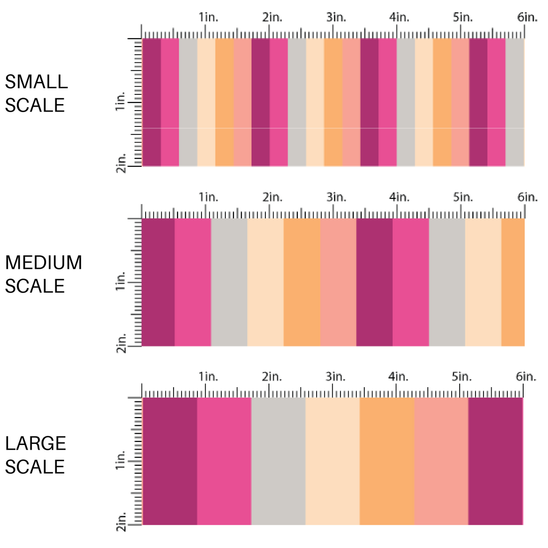 This scale chart of small scale, medium scale, and large scale of these Valentine's pattern themed fabric by the yard features purple, pink, orange, yellow, and light blue stripes. This fun Valentine's Day fabric can be used for all your sewing and crafting needs! 