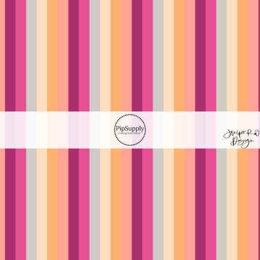 These Valentine's pattern themed fabric by the yard features purple, pink, orange, yellow, and light blue stripes. This fun Valentine's Day fabric can be used for all your sewing and crafting needs! 