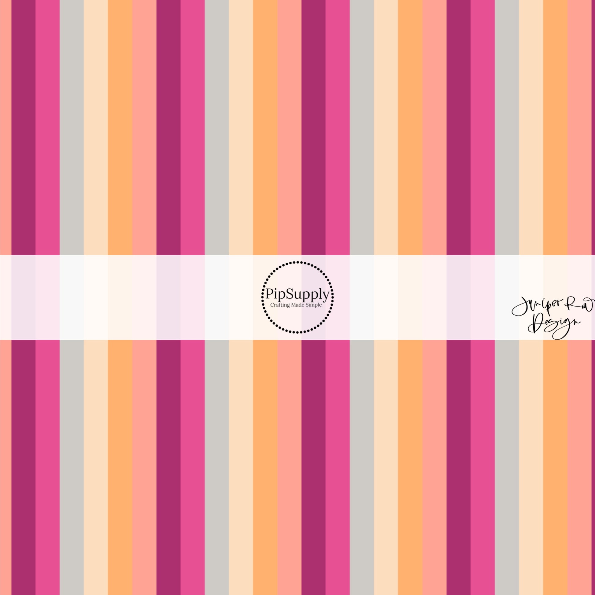 These Valentine's pattern themed fabric by the yard features purple, pink, orange, yellow, and light blue stripes. This fun Valentine's Day fabric can be used for all your sewing and crafting needs! 