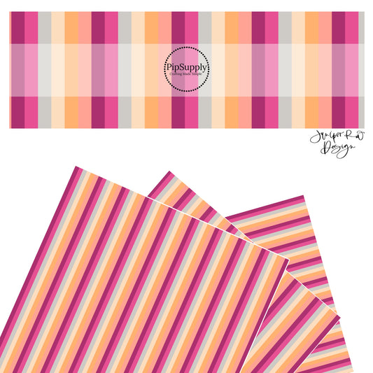 These Valentine's pattern themed faux leather sheets contain the following design elements: purple, pink, orange, yellow, and light blue stripes. Our CPSIA compliant faux leather sheets or rolls can be used for all types of crafting projects.