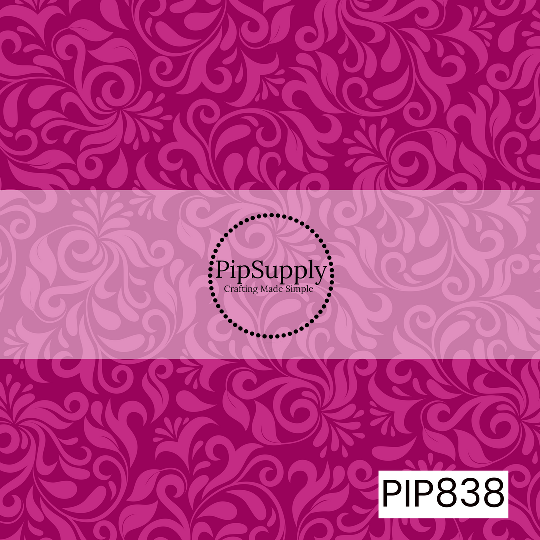 Rich magenta background featuring an elegant damask-style pattern of swirling vines, scrolls, and floral-inspired flourishes in a coordinating pink shade. The seamless tone-on-tone design creates depth and movement while maintaining a refined, sophisticated look. The intricate ornamental details and bold pink color palette give the pattern a classic, romantic, and timeless aesthetic.
