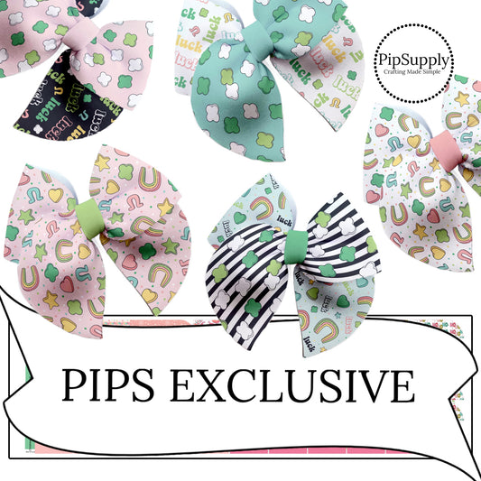 marshmallow charms and "luck" on neoprene hand cut hair bows
