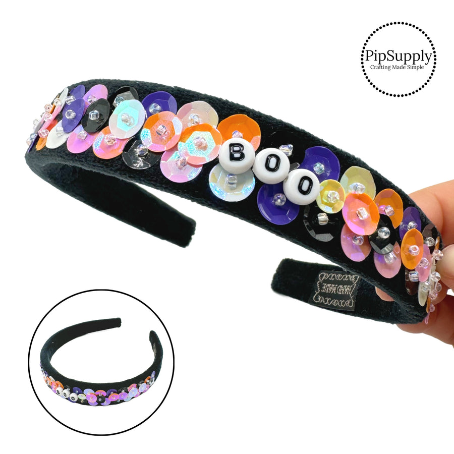 These Halloween "BOO" beads and colorful sequin headbands are a stylish hair accessory. Made with high quality fabric these Halloween themed headbands are a fashionable answer to keeping your hair back.