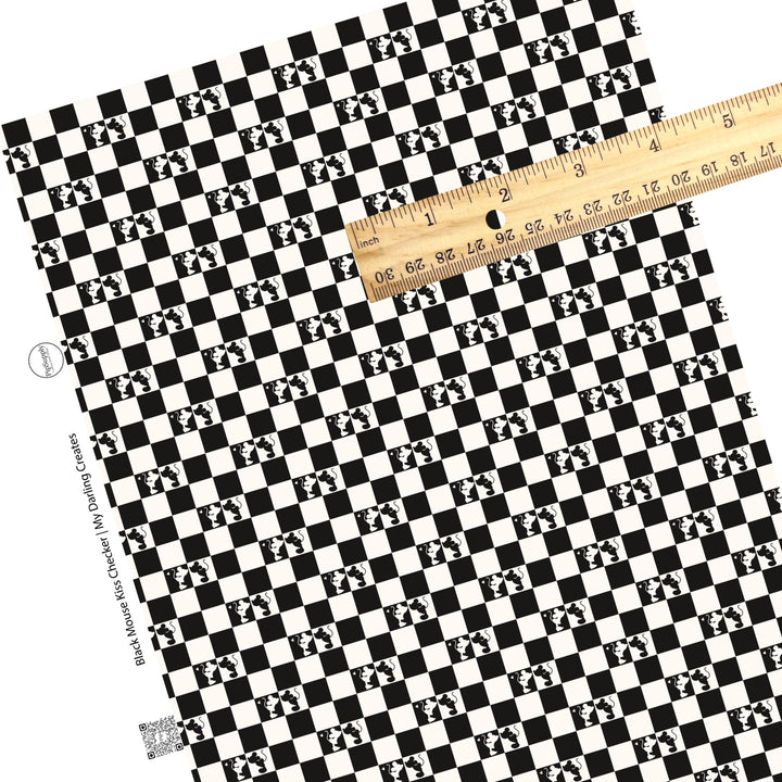 These Valentine's pattern themed faux leather sheets contain the following design elements: mouses kissing on a black and cream checker pattern. Our CPSIA compliant faux leather sheets or rolls can be used for all types of crafting projects.