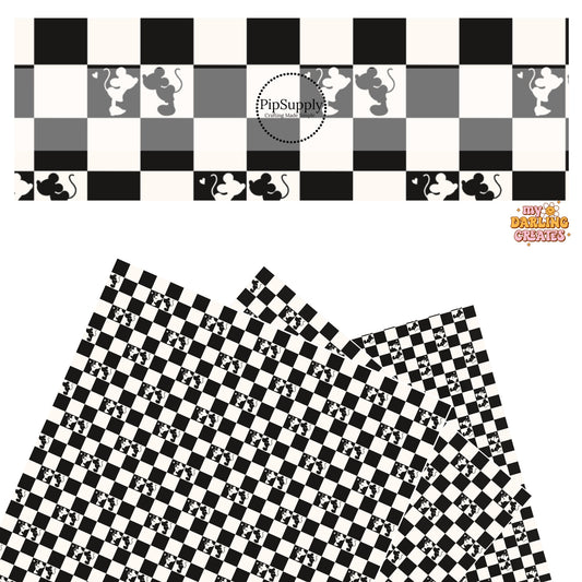 These Valentine's pattern themed faux leather sheets contain the following design elements: mouses kissing on a black and cream checker pattern. Our CPSIA compliant faux leather sheets or rolls can be used for all types of crafting projects.