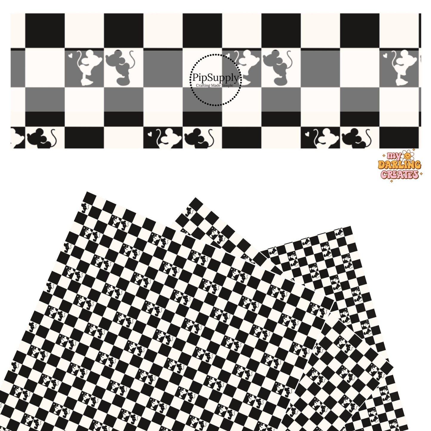 These Valentine's pattern themed faux leather sheets contain the following design elements: mouses kissing on a black and cream checker pattern. Our CPSIA compliant faux leather sheets or rolls can be used for all types of crafting projects.