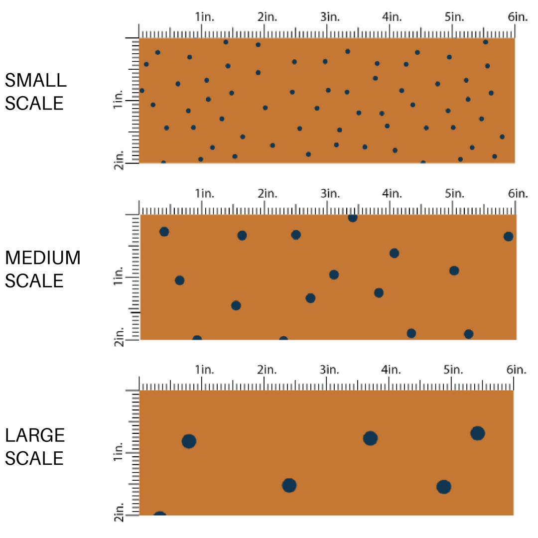 Pumpkin orange colored fabric by the yard scaled image guide with scattered black dots.