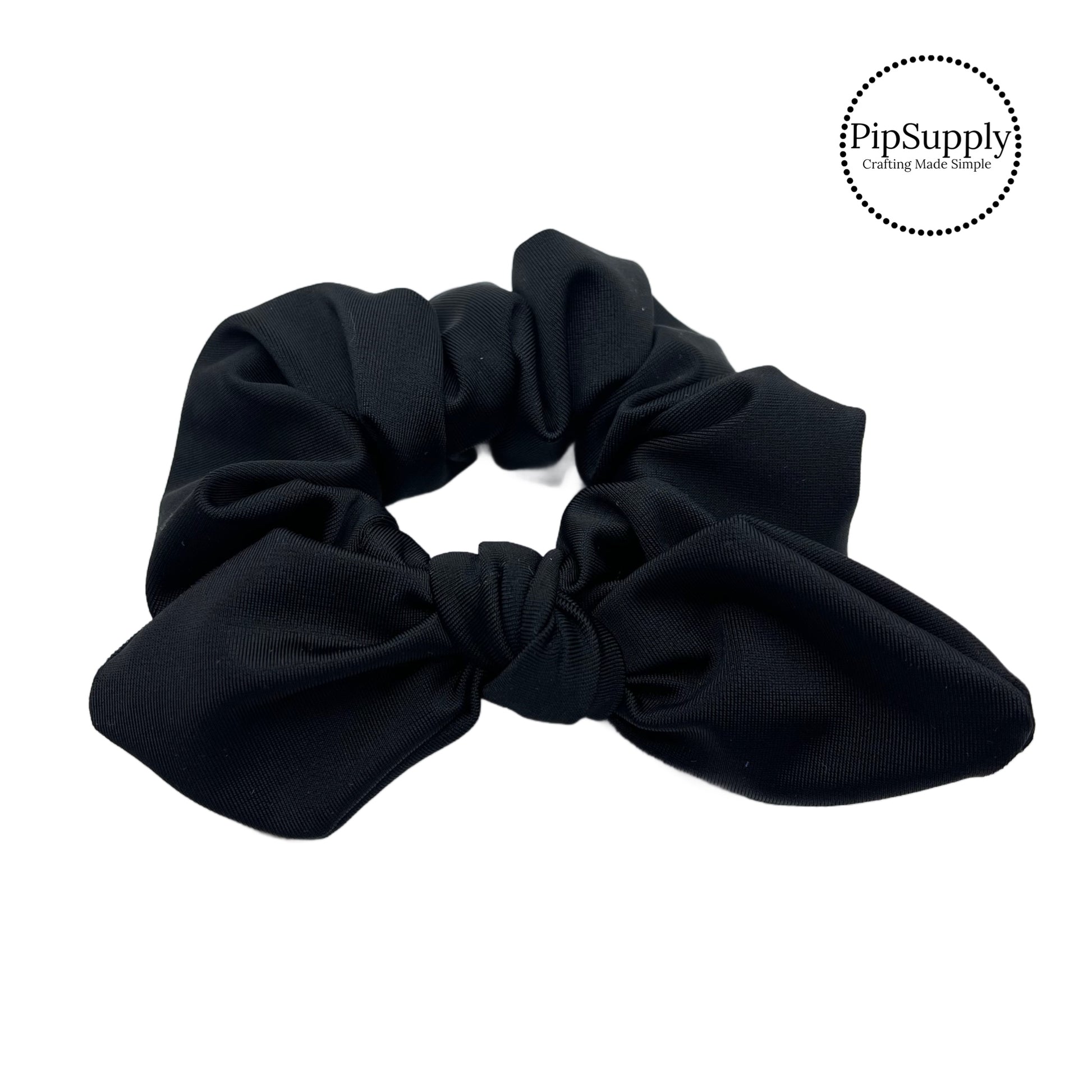 These black swim scrunchies have a two layer swimsuit fabric strip with edges that are securely folded and sewn providing a professional and high quality seam. Fabric is thick high quality not coarse or stiff with elastic band sewn inside for stretch-ability. Pattern visible on all sides. Bow comes pre-tied on scrunchie however is removable to be available as separate bow.