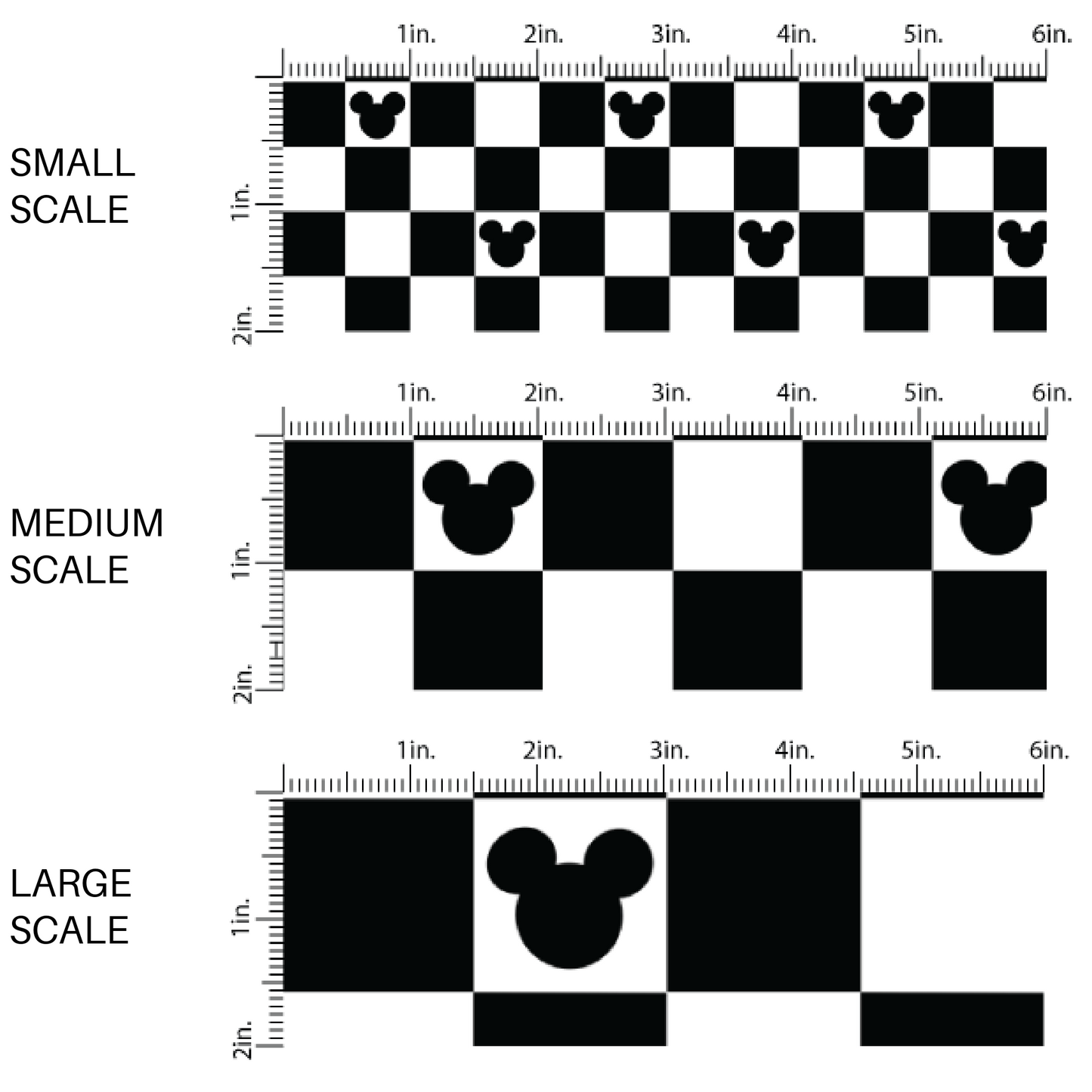 Black and white checkered fabric by the yard scaled image guide with back mouse head silhouette's.