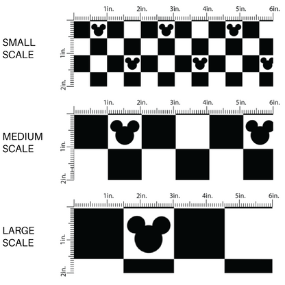 Black and white checkered fabric by the yard scaled image guide with back mouse head silhouette's.