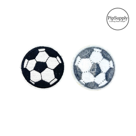 Black and white embroidered iron on soccer ball heat patch.