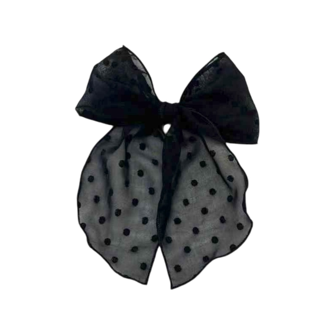 Black Dotted Sheer Hair Tied Bow w/ Clip