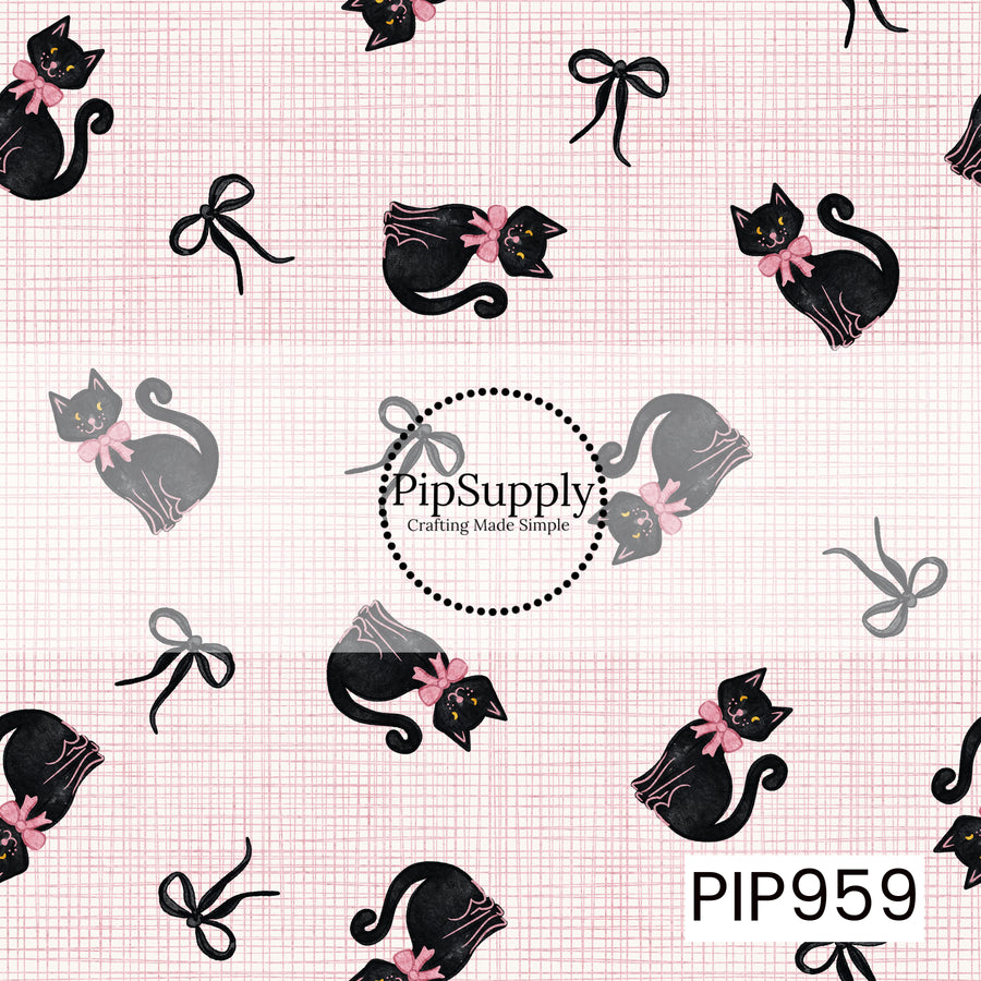 A charming Halloween pattern featuring playful black cats wearing pink bows, scattered with delicate ribbon bows over a soft pink micro grid background. The sweet watercolor artwork and feminine color palette create a whimsical vintage-inspired design with a subtle spooky touch.
