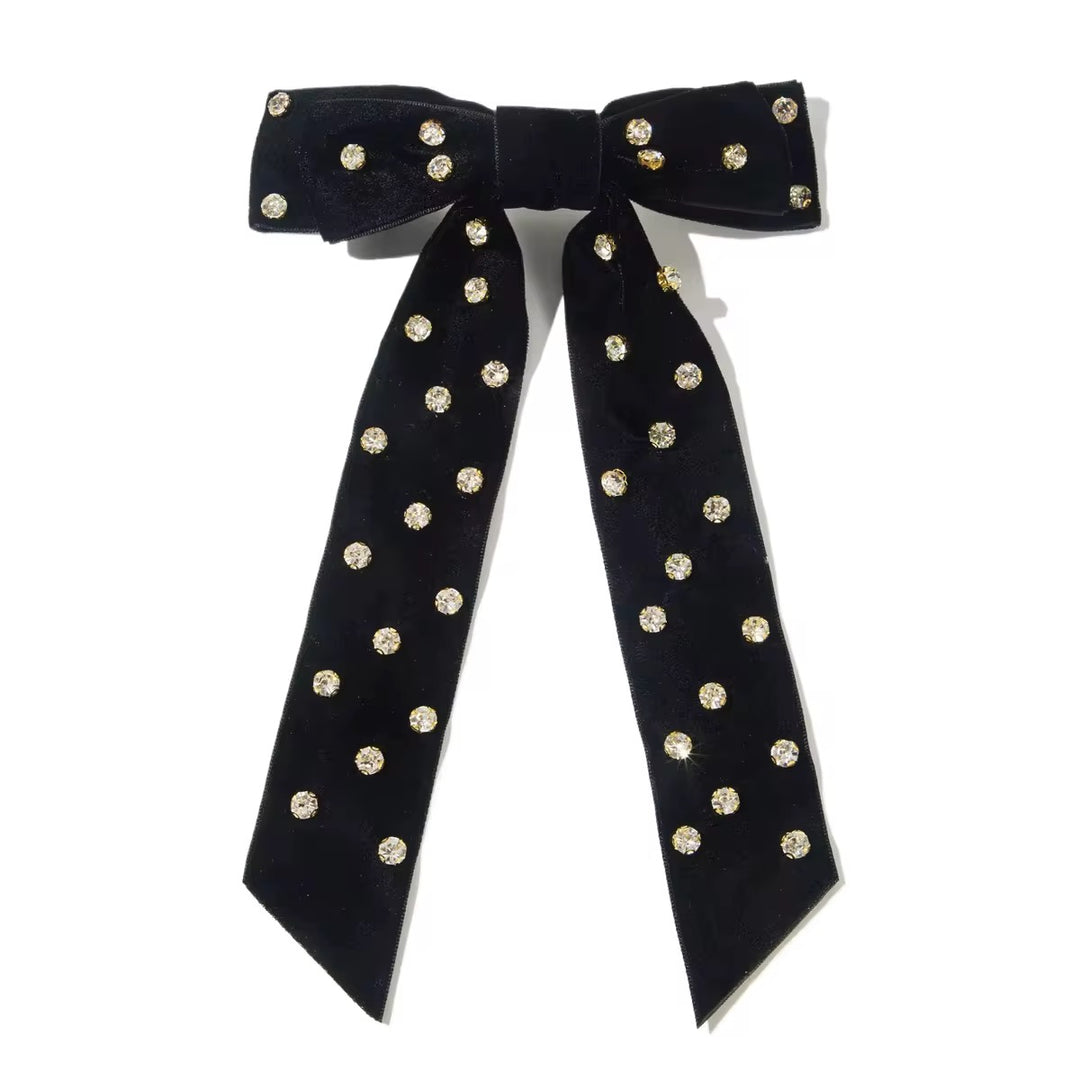 Black Rhinestone Ribbon Bow w/Clip