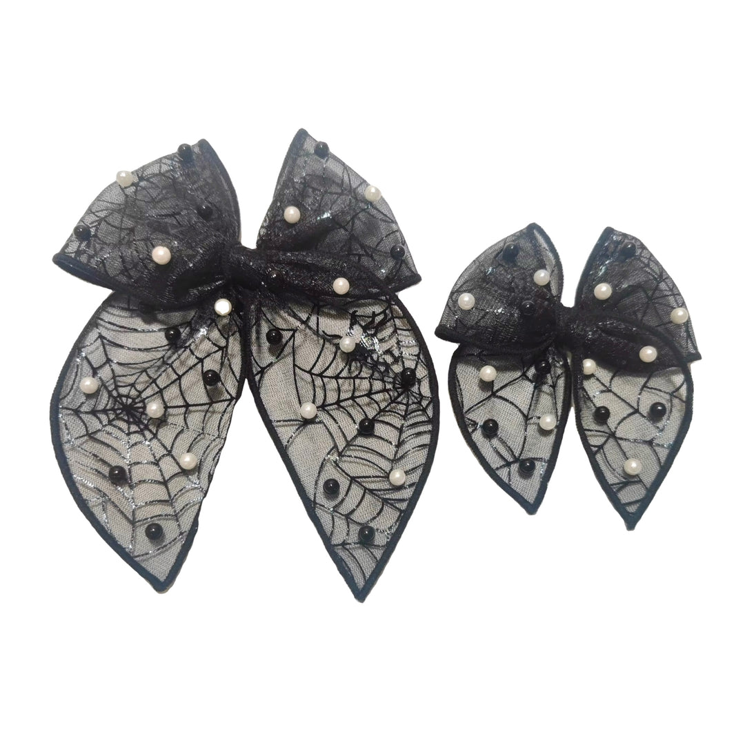 Black Tulle Spider Pearl Hair Tied Bow w/ Clip