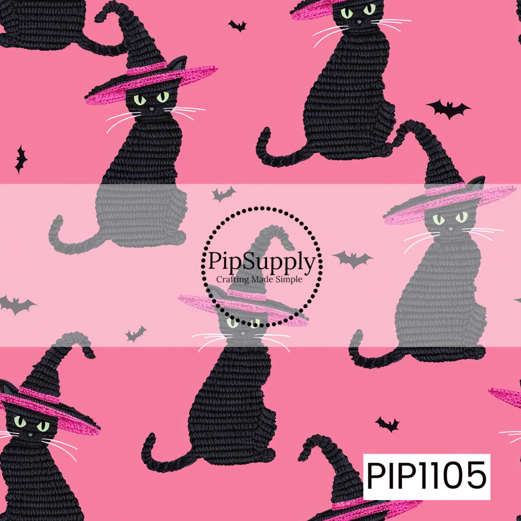 A whimsical seamless pattern featuring textured black cats wearing glittery pink witch hats on a bright pink background, accented with tiny black bats. The playful Halloween design combines cozy crochet-inspired details with bold, spooky charm.