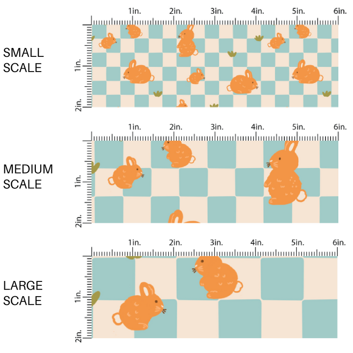 Brown Bunnies and Carrots on Blue and Cream Checkered Fabric by the Yard scaled image guide.
